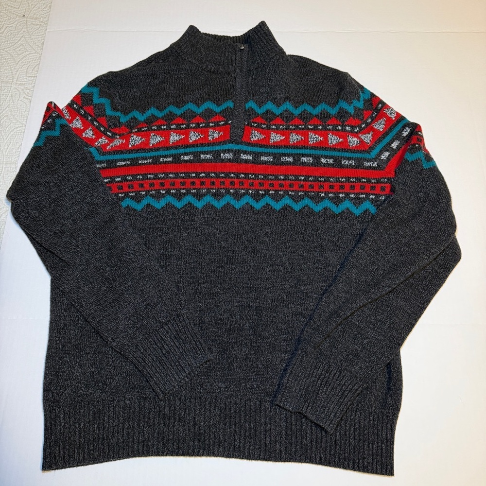 Urban Pipeline Charcoal 1/4 Zip-Up Sweater with Red and Teal Patterns